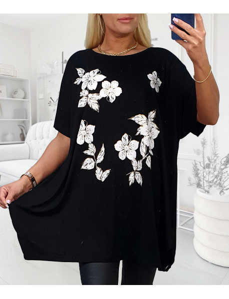 VEĽKÁ  čierna BLÚZKA PRE MOLETKY - OVERSIZE  - ESMIRA - BIELE KVETY